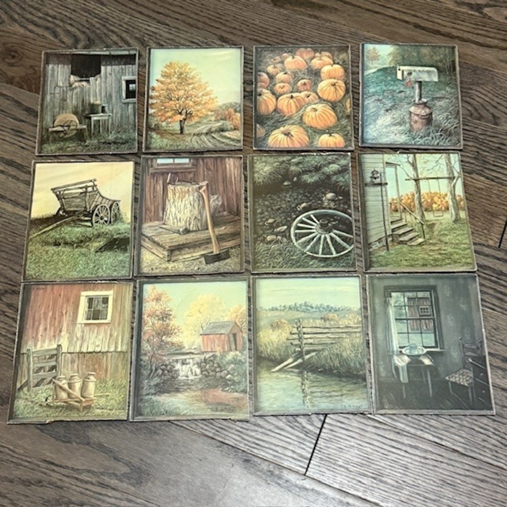 Vintage B Mitchell Rustic Farmhouse Lithograph Art Prints Set of 12 Autumn Barn